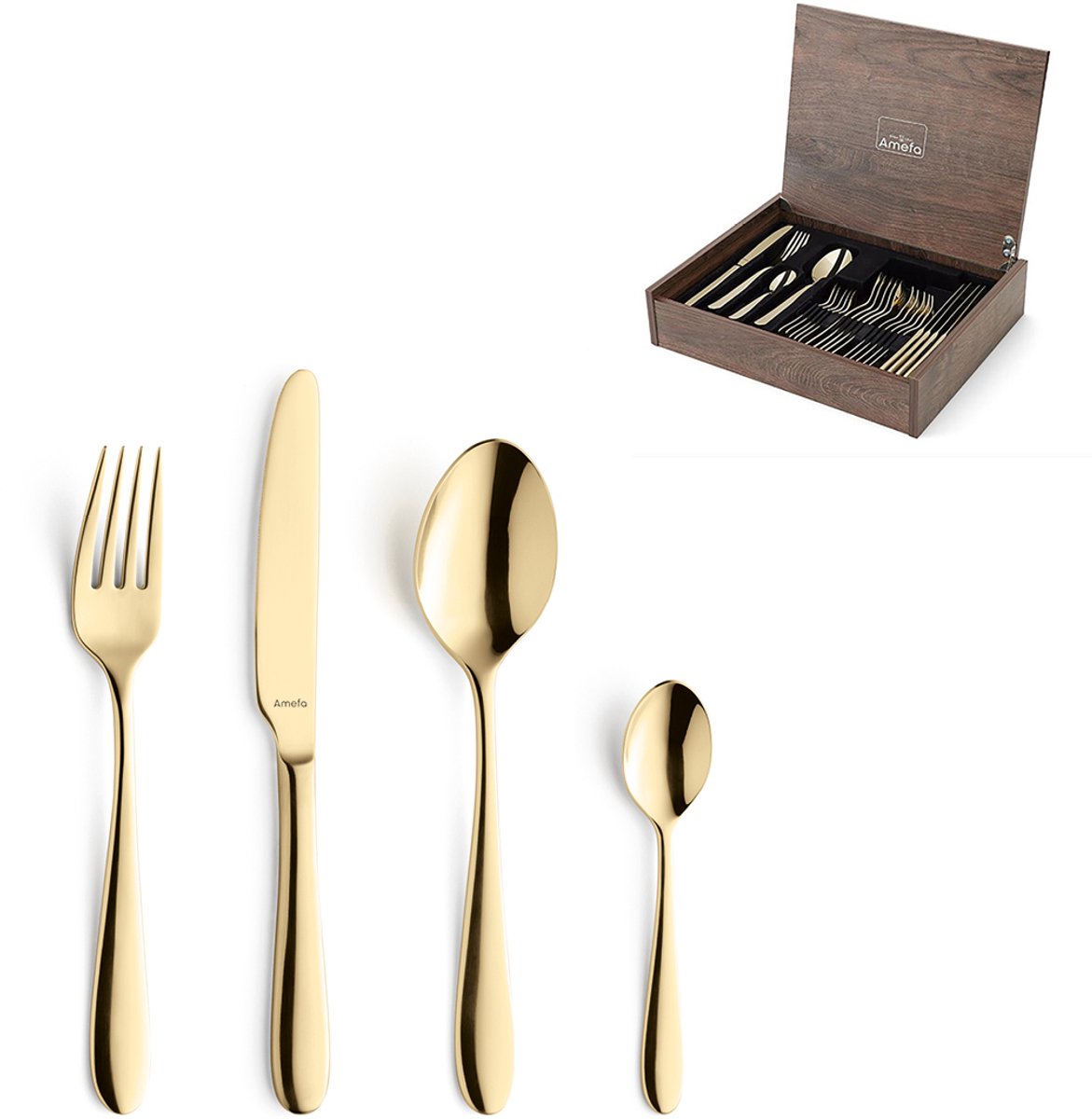 Amefa oxford - 24-delige bestekset - voor 6 personen - hoogglans - goud - in luxe houten kist