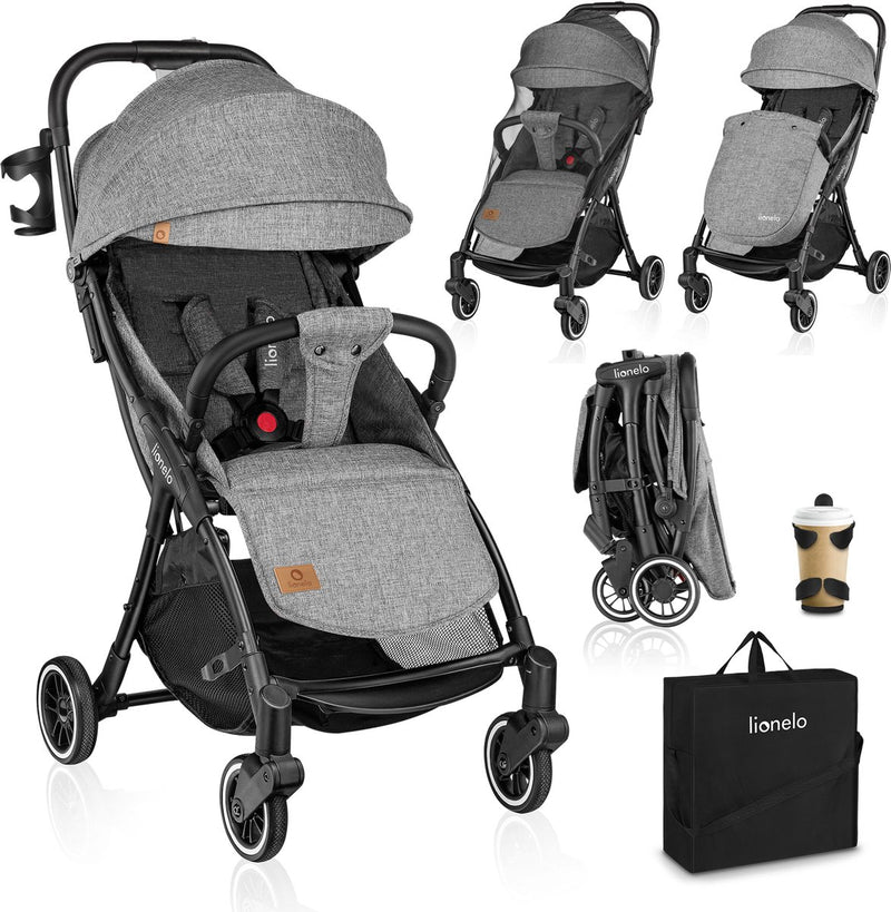Lionelo julie one buggy - kinderwagen tot 22 kg - premium - automatisch opvouwbaar - rugleuning tot ligpositie - ventilatiepaneel - verlengde kap met venster - eco-leer details - inclusief voetenzak, bekerhouder, muskietennet, transporttas