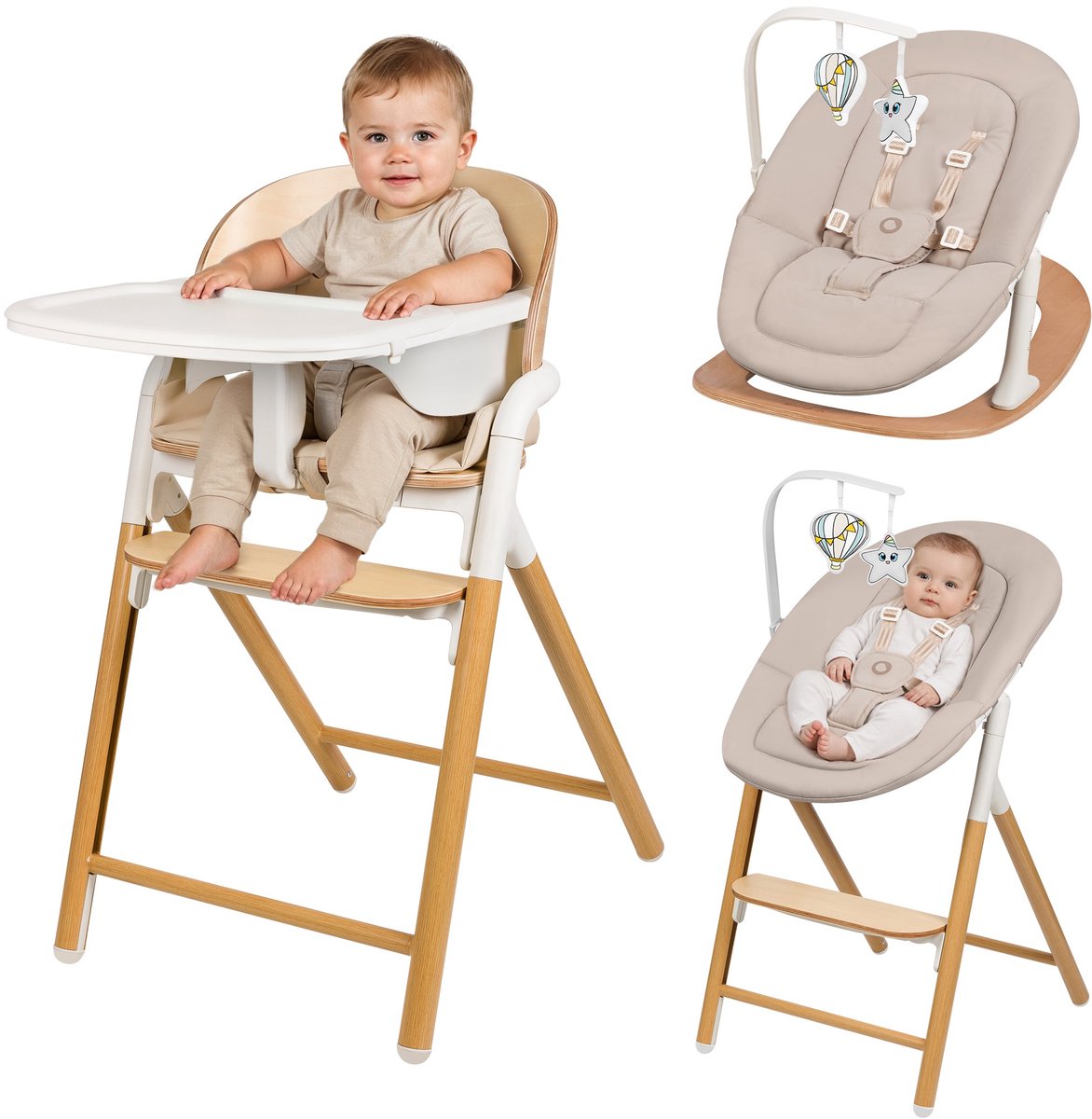 Lionelo celia set – 4-in-1 wipstoel houten kinderstoel – babyset 5-puntsgordel – verstelbare zithoogte voetsteun – voor baby, peuter volwassene – premium beukenhout – inclusief speelboog en blad