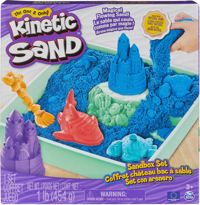 Kinetic sand - zandbak-set met 454 g blauw origineel - opbergzandbak 4 vormen en gereedschap - sensorisch speelgoed