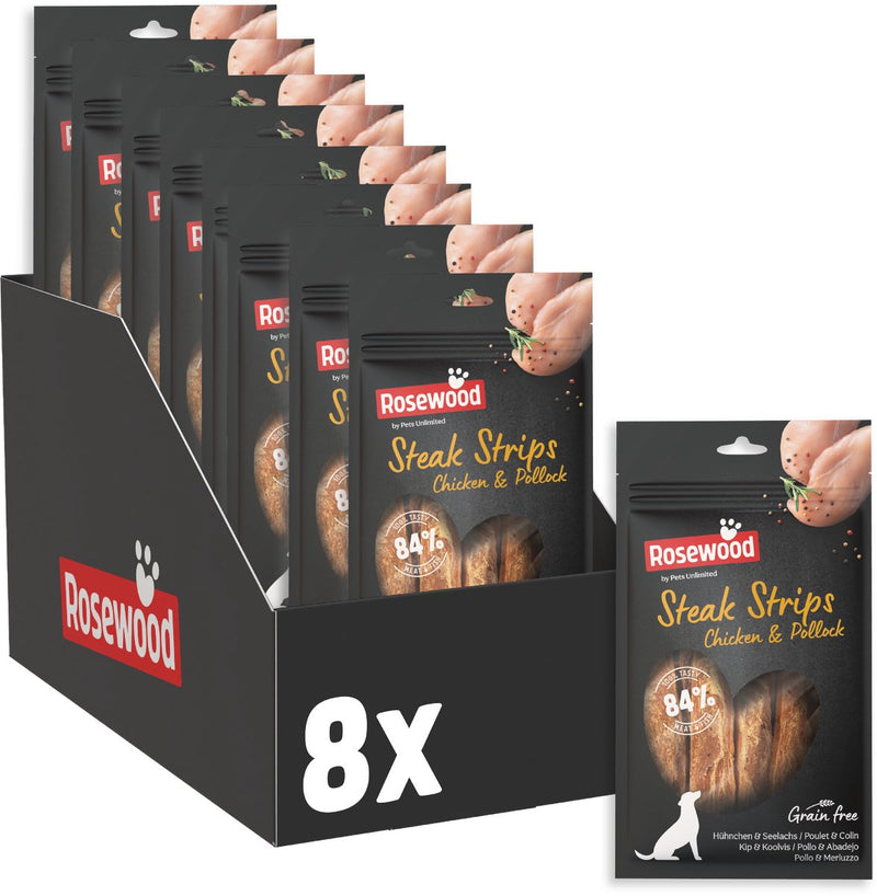 Rosewood steak strips hondensnack kip en koolvis - 63% kip - graanvrij - vetarm - 8 x 100 g