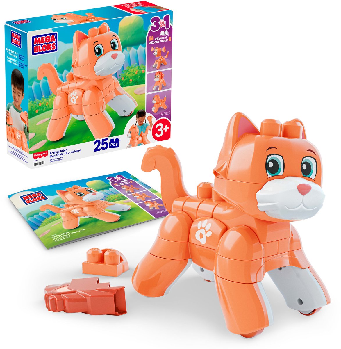 Mega bloks fisher-price speelgoedblokken rollende kitten - met draaiende wieltjes 25 onderdelen