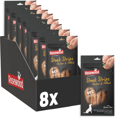 Rosewood steak strips hondensnack kip en koolvis - 63% kip - graanvrij - vetarm - 8 x 100 g