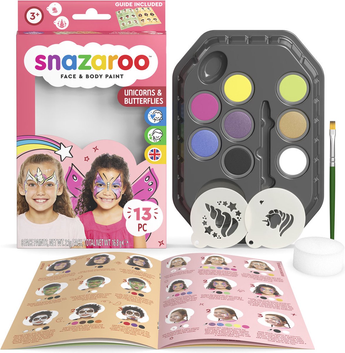 Snazaroo 1172181 unicorn butterfly aqua schminke – kinder schminke – eenhoorn vlinder schminkset – veilig hypoallergeen