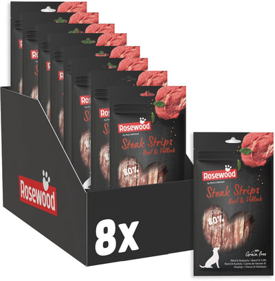 Rosewood steak strips hondensnack rund en koolvis - 50% rund - graanvrij - vetarm - 8 x 100 g
