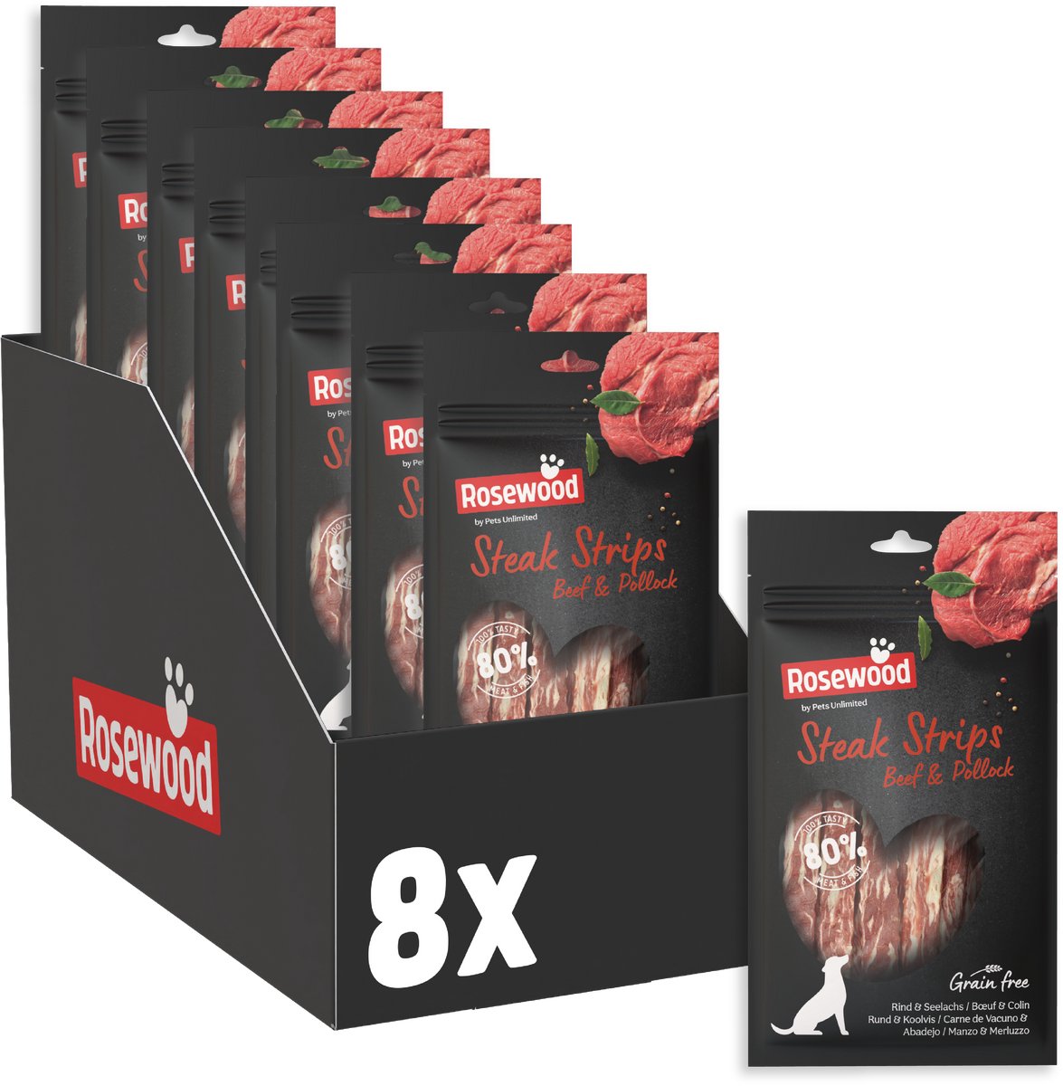 Rosewood steak strips rund koolvis - hondensnack - zacht vetarm - hoog vlees- en visgehalte - zonder kunstmatige toevoegingen - 8 zakjes à 100g