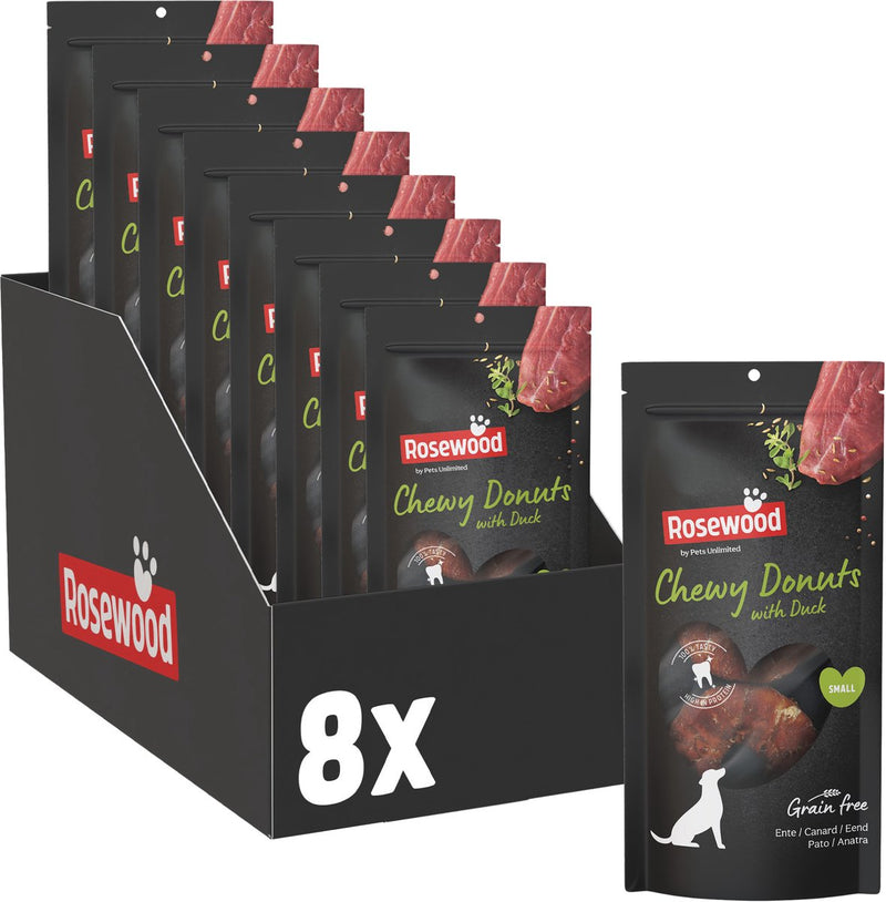 Rosewood chewy donut eend small – stevige kauwsnack voor honden – runderhuid met 45% eend – ondersteunt het gebit – 8 x 150 g