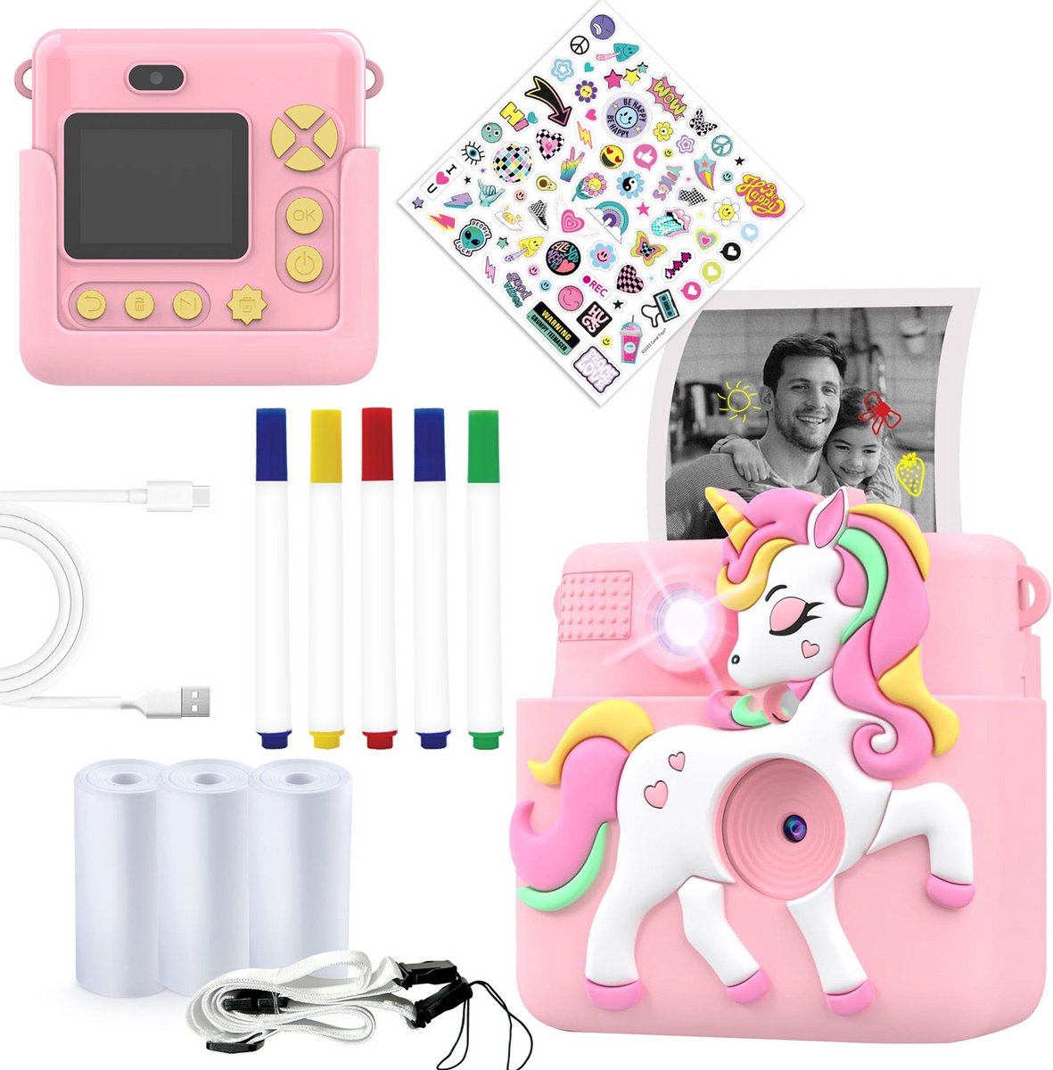 Denver kindercamera full hd met printer - selfie camera - 20mp - digitale camera kinderen - foto - video - spelletjes - kpc1363 roze