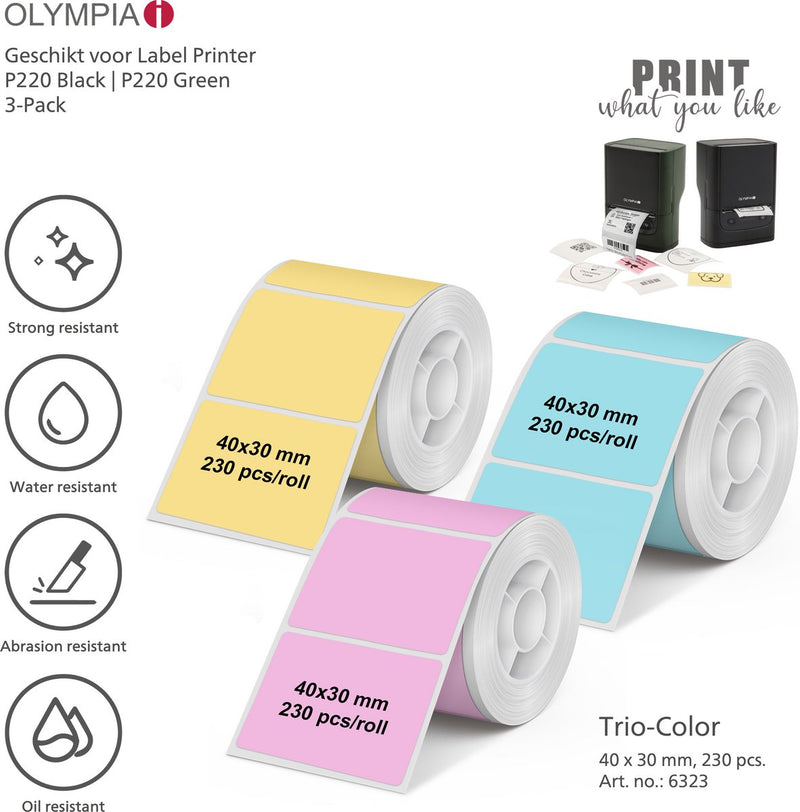 Olympia thermische etiketten ol6323 - 40 x 30 mm - trio-color - 230 pcs. - blauw rose geel - thuis | kantoor | hobby - 3-pack