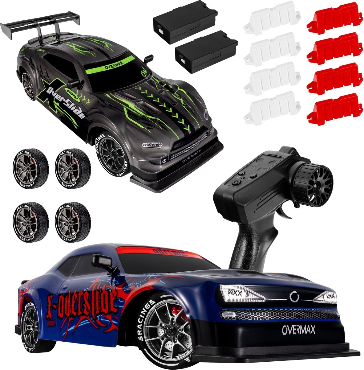 Overmax x-overslide – bestuurbare auto 2in1: drift race – 20 km h – 2 snelheidsstanden – 2 batterijen – 40min speeltijd – 2 carrosserieën – 2 wielensets – led onderverlichting – obstakelset – gecodeerde besturing – rc auto