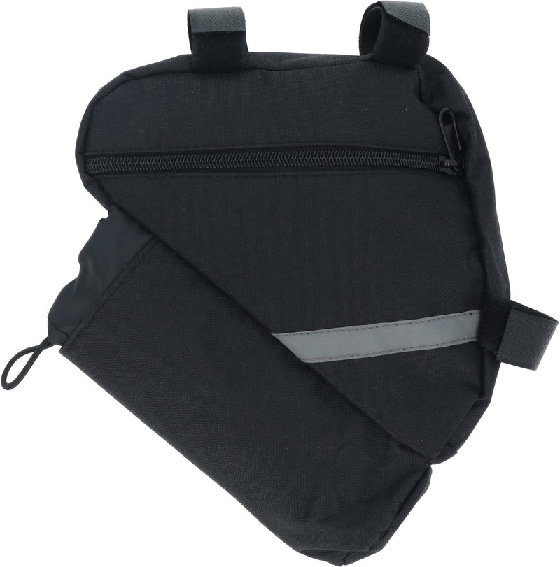 Dresco frame fietstas – waterafstotend polyester – afsluitbaar hoofdvak - extra vak aan onderkant voor petfles 33 50c of dopper – bevestigen met 3 klittenband sluitingen - reflectiestrepen aan beide zijkanten