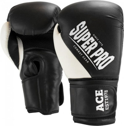 Super pro combat gear ace (kick)bokshandschoenen zwart wit 10oz 10 oz