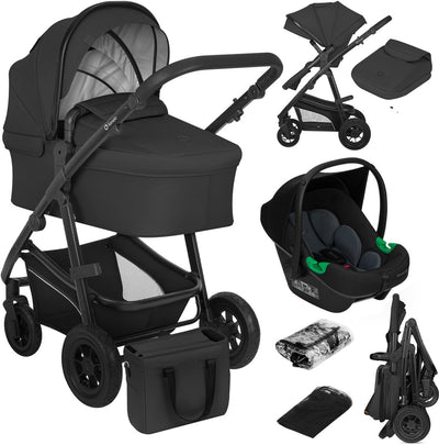 Lionelo bianka kinderwagen 3 in 1 - reiswieg + wandelwagen + autostoel - grote luchtbanden, volledige vering - inklapbaar - verstelbare duwstang - buggy omkeerbare zitting - 0-22kg - accessoireset - zwart
