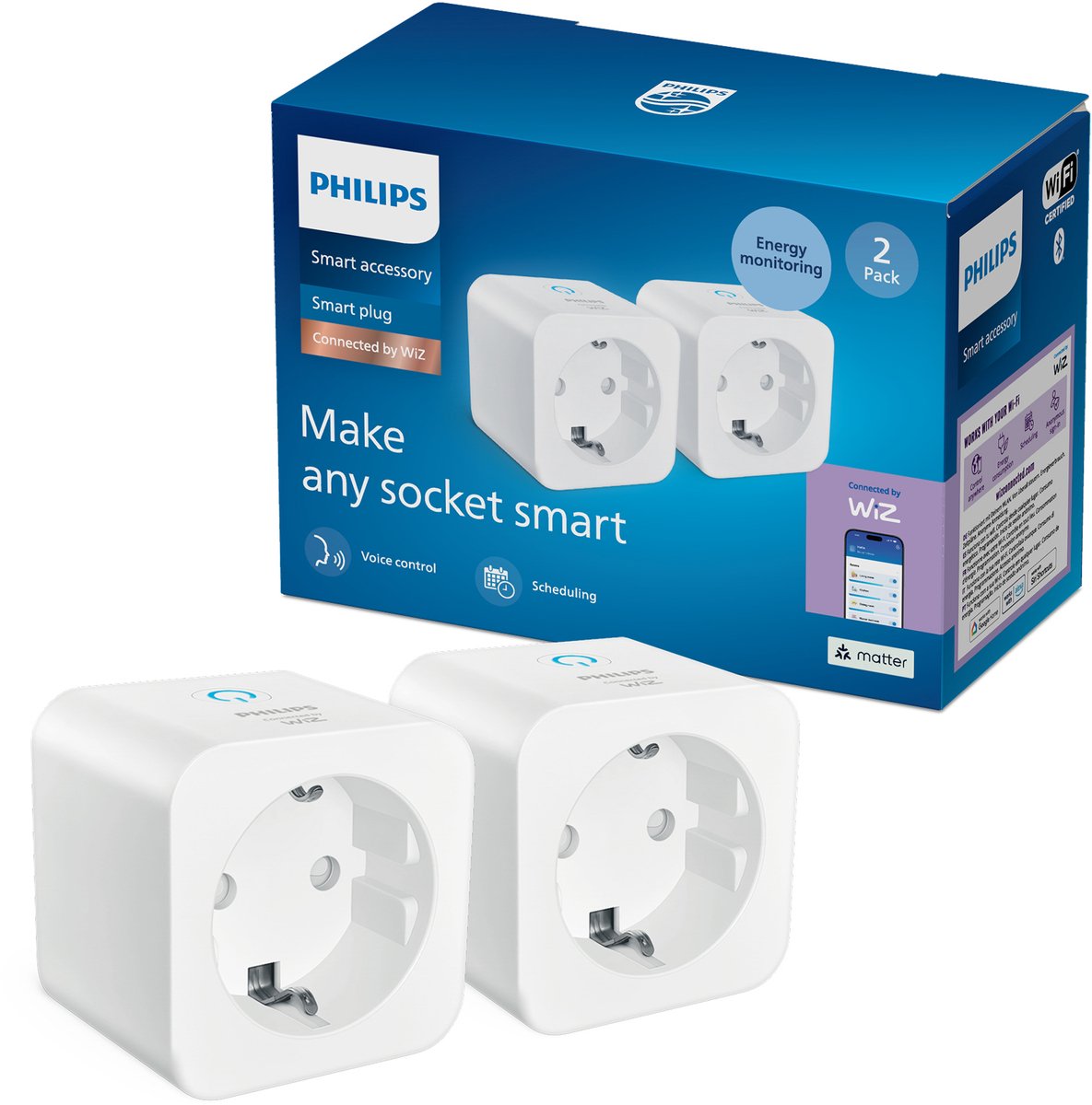 Philips smart lighting - slimme stekker met stroommeter - 2 pack - maak andere apparaten slim - stekkertype f - wit - werkt met de wiz app - wifi