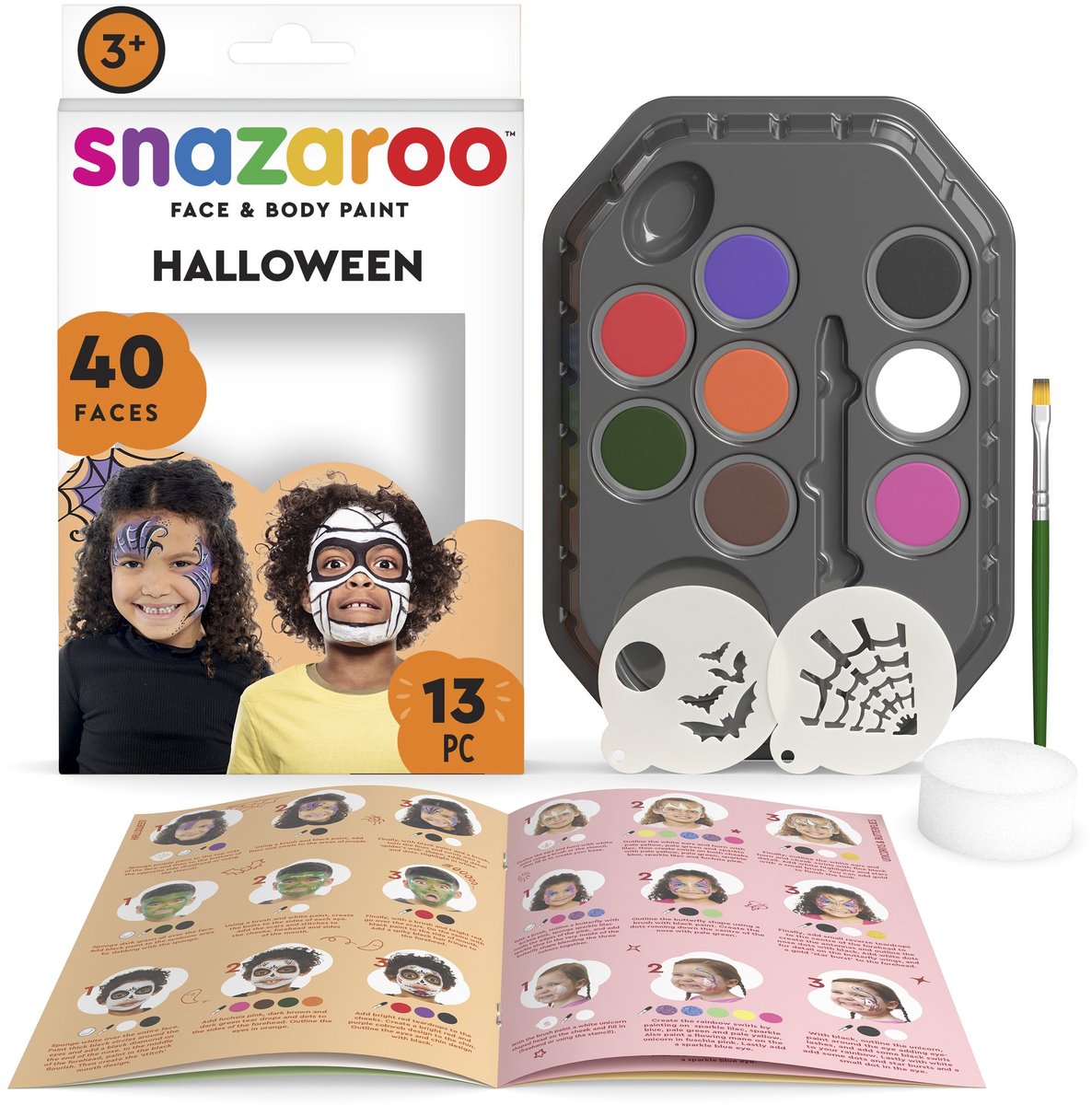 Snazaroo 1172184 halloween characters aqua schminke set – kinder schminke – heks, skelet zombie face paint kit – 13-delig, hypoallergeen