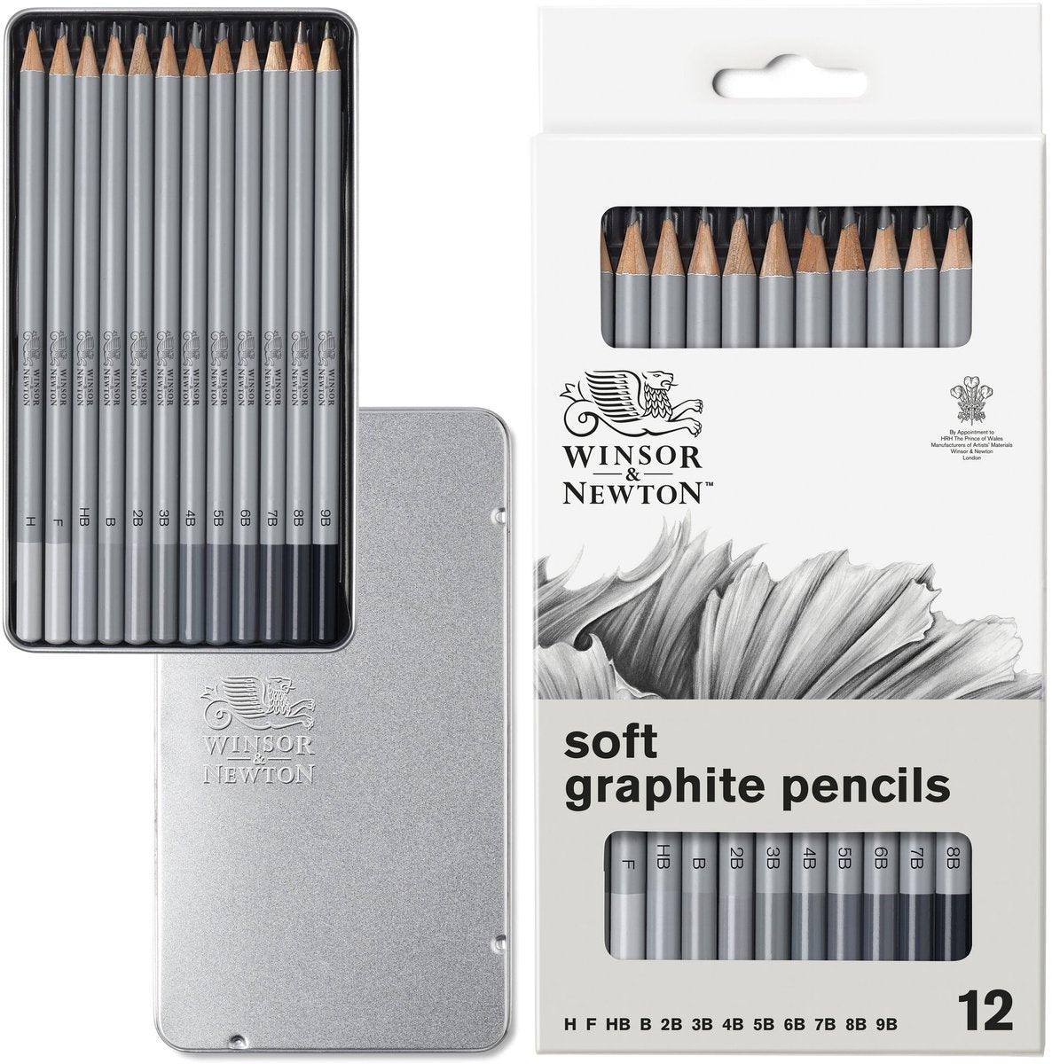 Winsor newton 0490007 professionele grafietpotloden set x12 – zachte schetspotloden tekenpotloden h t m 9b in metalen blik
