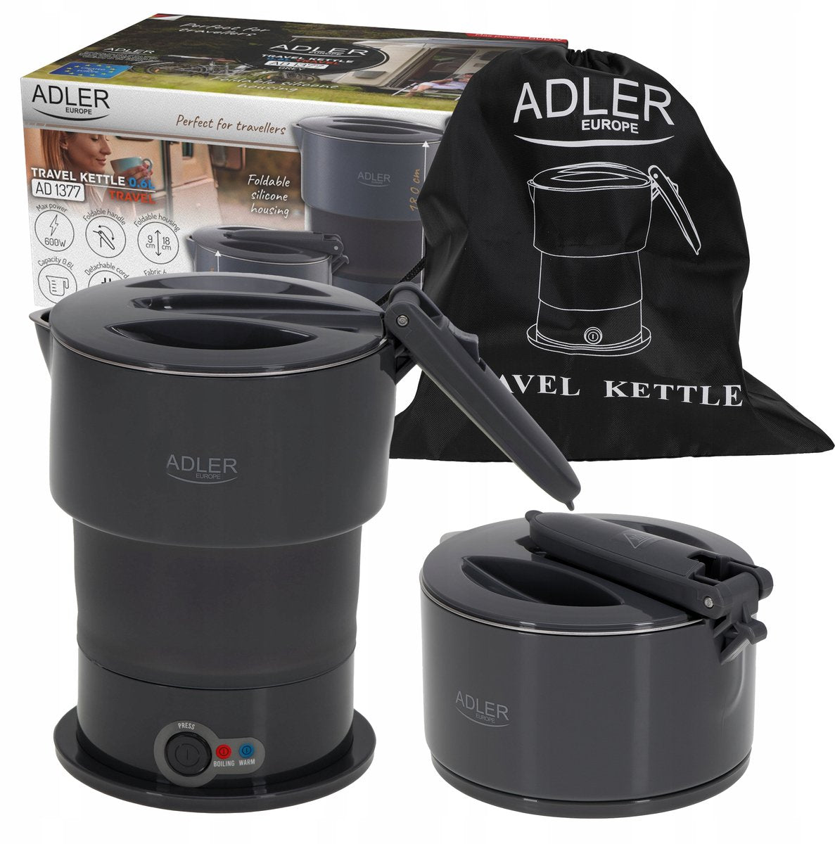 Adler compacte reiswaterkoker 600w 0,6l - opvouwbaar en draagbaar