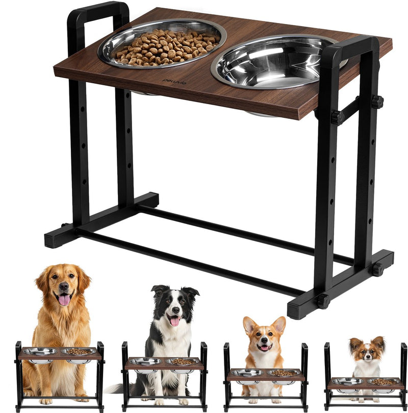 Peluvio misty – verstelbare voerbak standaard voor honden – rvs 2 bakken 1200 ml – 4 hoogten 3 kantelhoeken – stabiel eenvoudig schoon te maken – walnootkleur
