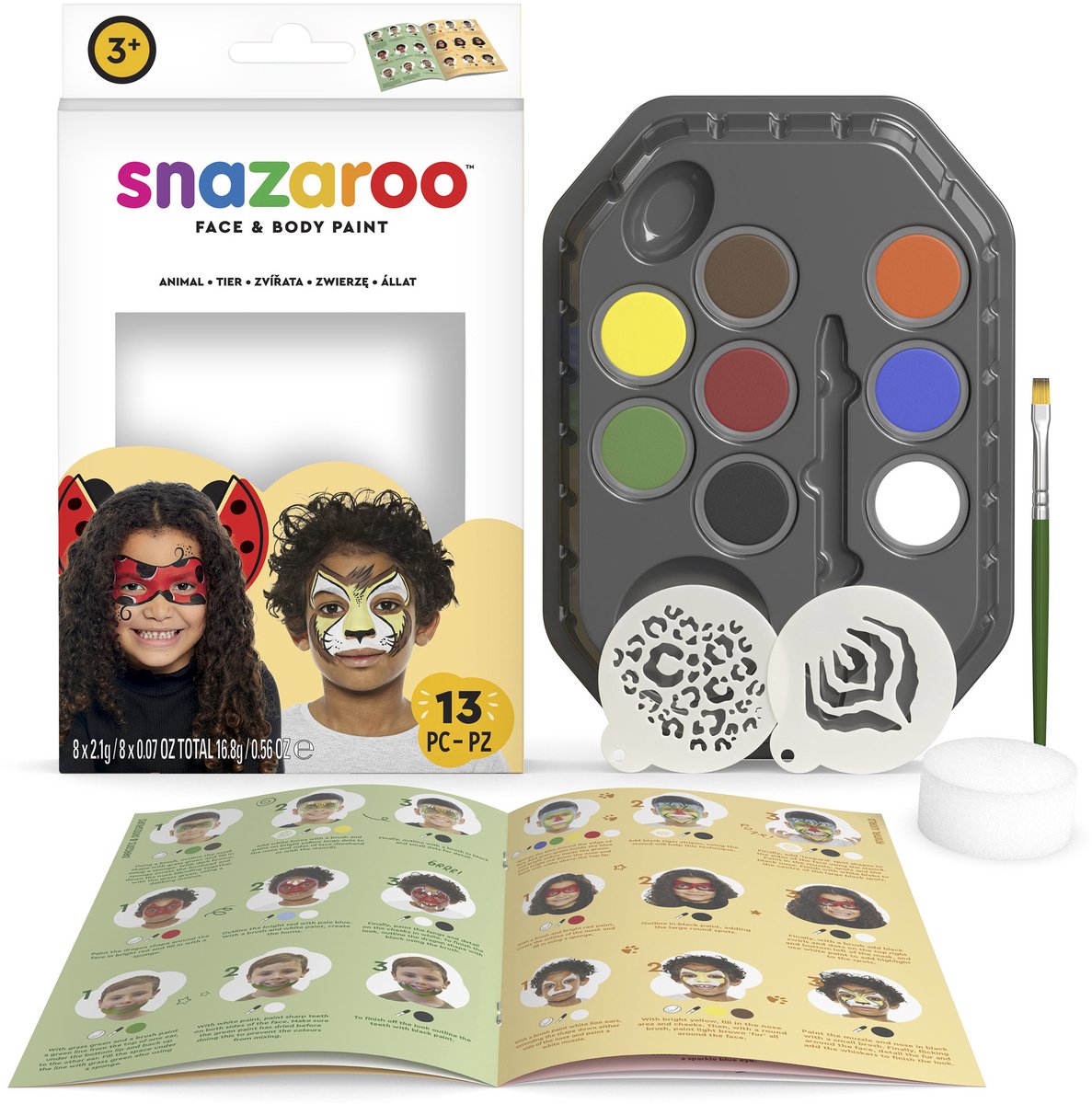 Snazaroo 1172183 animal world aqua schminke set – kinder schminke – jungle dieren face paint kit – 13-delig, hypoallergeen