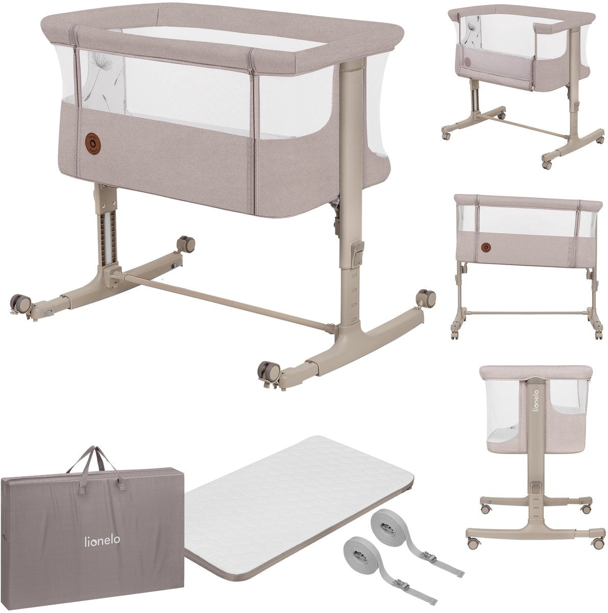 Lionelo aurora 3in1 co-sleeper - babybedje tot 9 kg - meegroeibed - 4 wielen met rem - campingbedje – verstelbare hoogte – ademend gaas – inclusief matras transporttas – afneembare bekleding