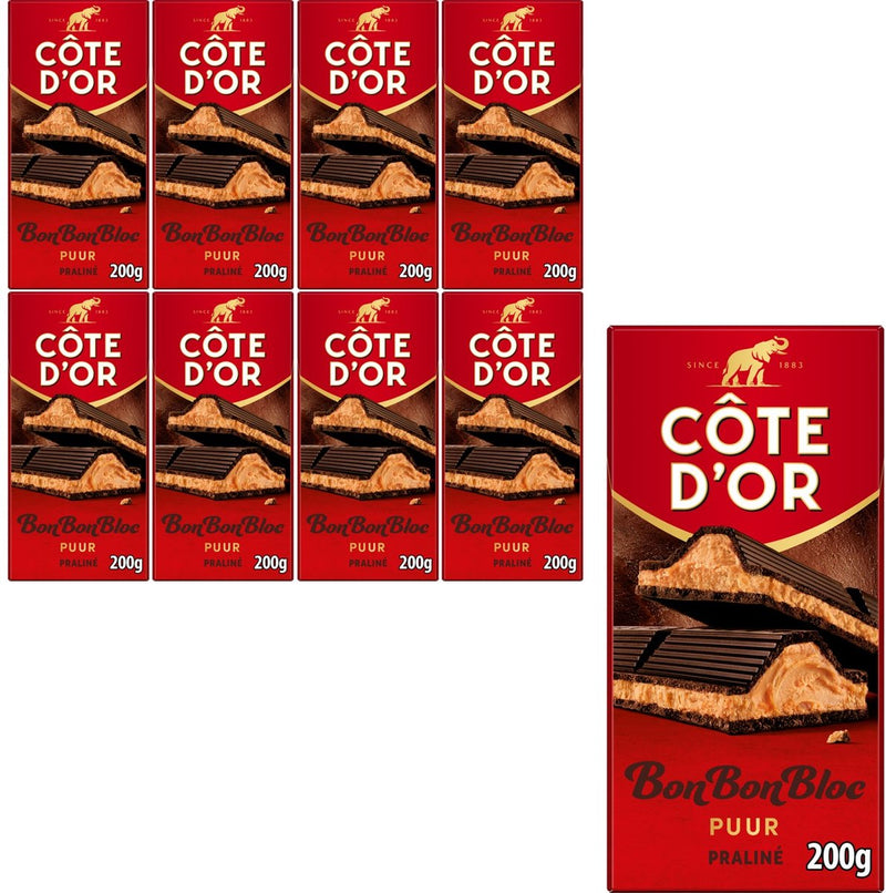 Côte d'or bonbonbloc chocoladereep puur praliné 8 x 200g - chocolade tabletten - cadeau vrouwen of mannen verjaardag - voorraad