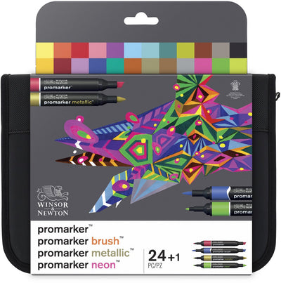 Winsor newton 0290037 mixed marker set 24 in wallet | promarker, brush, metallic neon