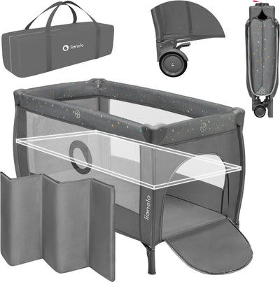 Lionelo stefi plus campingbedje 4 in 1 – baby bed inklapbare box reisbedje met bodemverhoger (rugvriendelijk ontwerp) – met comfort matras – 60x120 cm – 0-36 maanden tot 15 kg – zij-ingang – wielen – transporttas – babybed babybox ledikant