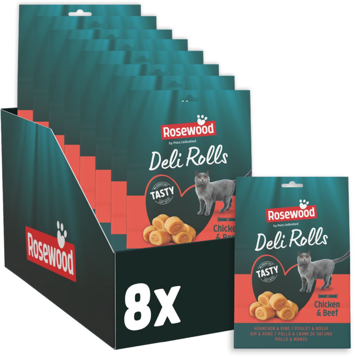 Rosewood deli rolls kattensnack kip en rund 8 x 40 g - zachte kattensnoepjes - zonder zout of suiker