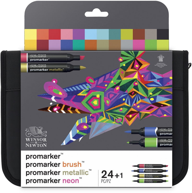 Winsor newton 0290037 mixed marker set 24 in wallet | promarker, brush, metallic neon