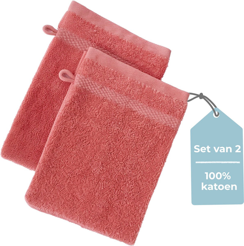 Hush. living hush living washand - set van 2 - 100% katoen - zware kwaliteit 500g m2 - stijlvol boord en ophanglus- 16x22cm - koraal