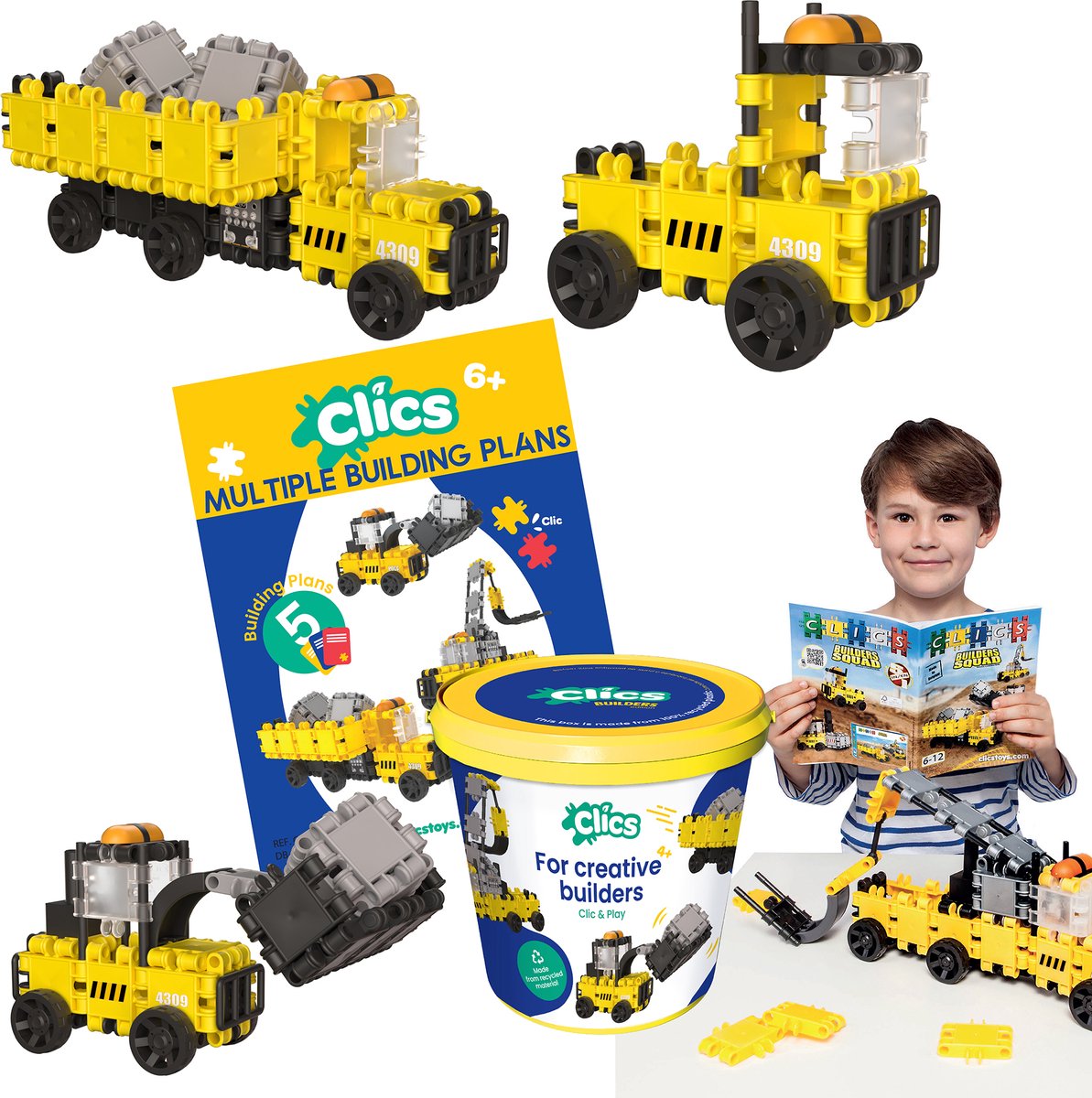 Clics builders 5-in-1 bouwblokken– duurzaam speelgoed gemaakt van gerecycleerde kunststof- bouwset 5 in 1 - speelgoed 4,5,6,7,8 jaar jongens en meisjes- educatief speelgoed- montessori speelgoed- constructie speelgoed