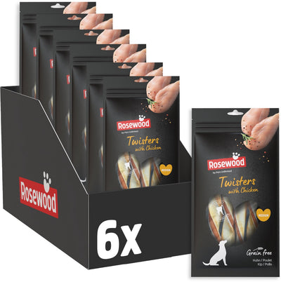 Rosewood twisters medium hondensnack kip 6 x 80 g - kauwstaven runderhuid - graanvrij