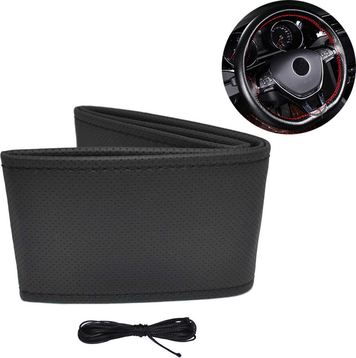 Amio stuurwiel kunstleer bekleding hoes met naald en draad 38-39cm zwart