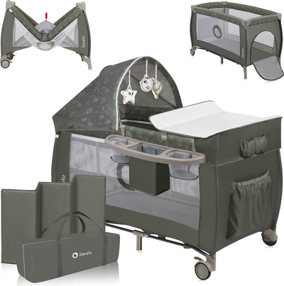 Lionelo sven plus 2in1 meegroeibed campingbedje - 127x60 cm - tot 15 kg - co-sleeper - reisbed met commode, organizer, klamboe en interactief speelgoed