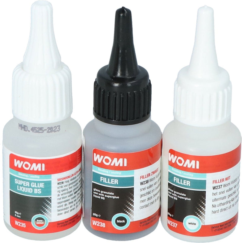 Womi superglue filler set – lijm + vulstof – snelle uitharding – extreem sterke reparatie – multimateriaal