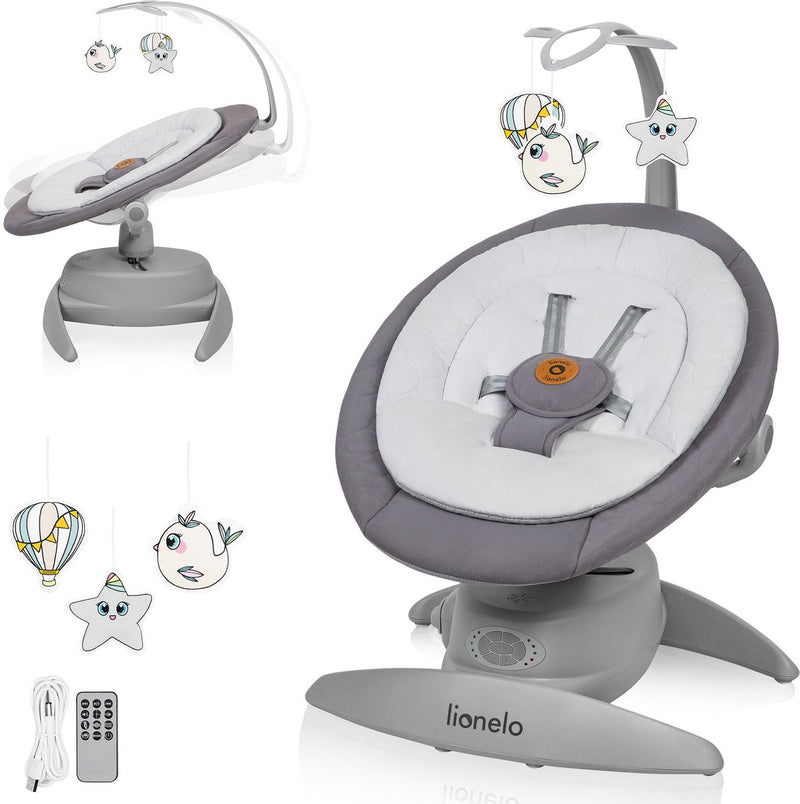 Lionelo mell wipstoel – afstandsbediening bluetooth – elektrische babyschommel – 360° draaibaar – 5 snelheden – 3 rugstanden – bewegingssensor – timer – 14 melodieën – speelboog – bamboekussen – wasbare bekleding – baby schommelstoel