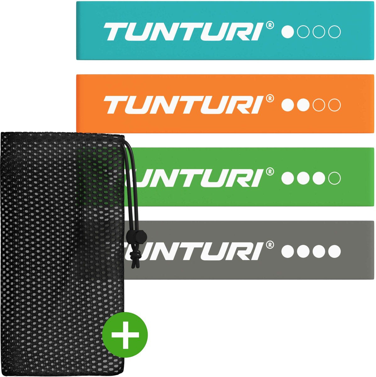 Tunturi 4 weerstandsbanden set - mini power body band - weerstandsband - fitness elastiek - fitnessband - trainingsband - gymnastiekband - incl. gratis fitness app