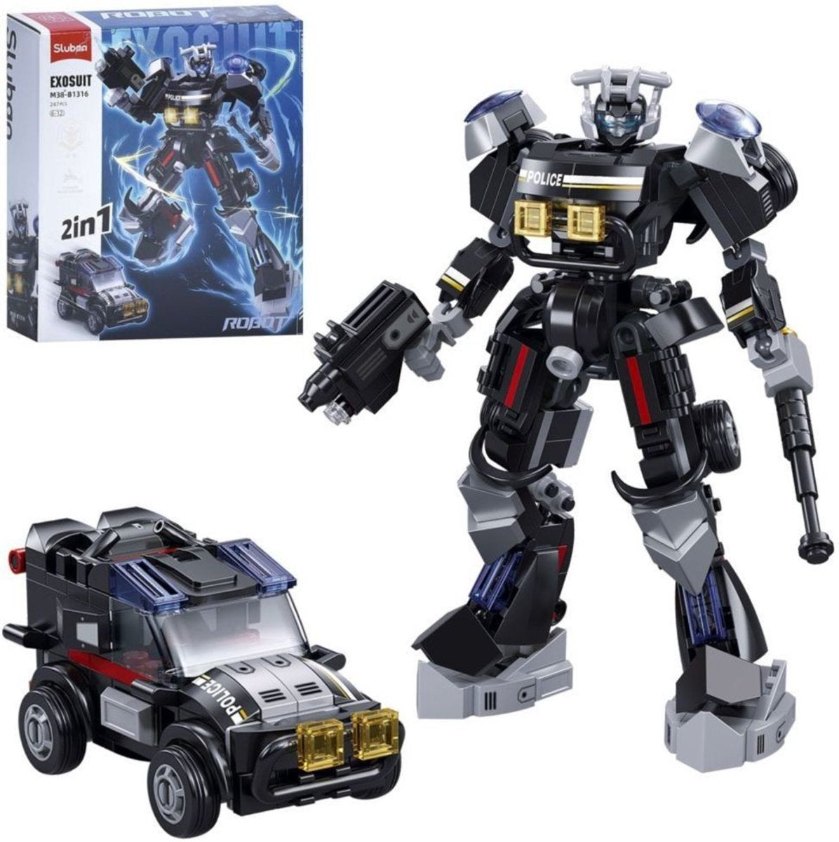 Sluban exosuit robot politieauto bouwspeelgoed 2in1 actiefiguur – constructiespeelgoed – bouwset met 247 bouwstenen – m38‑b1316 – vanaf 6 jaar