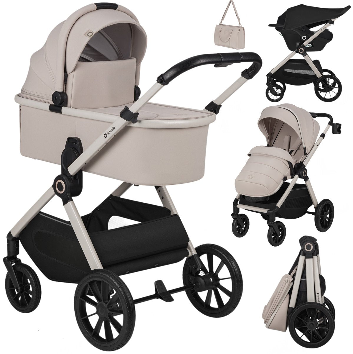 Lionelo layla - kinderwagen 3 in 1 - xxl set - incl. i-size autostoel - veelzijdig en jaarrond - grote wielen - bediening met een hand - voor alle soorten terrein - accessoireset