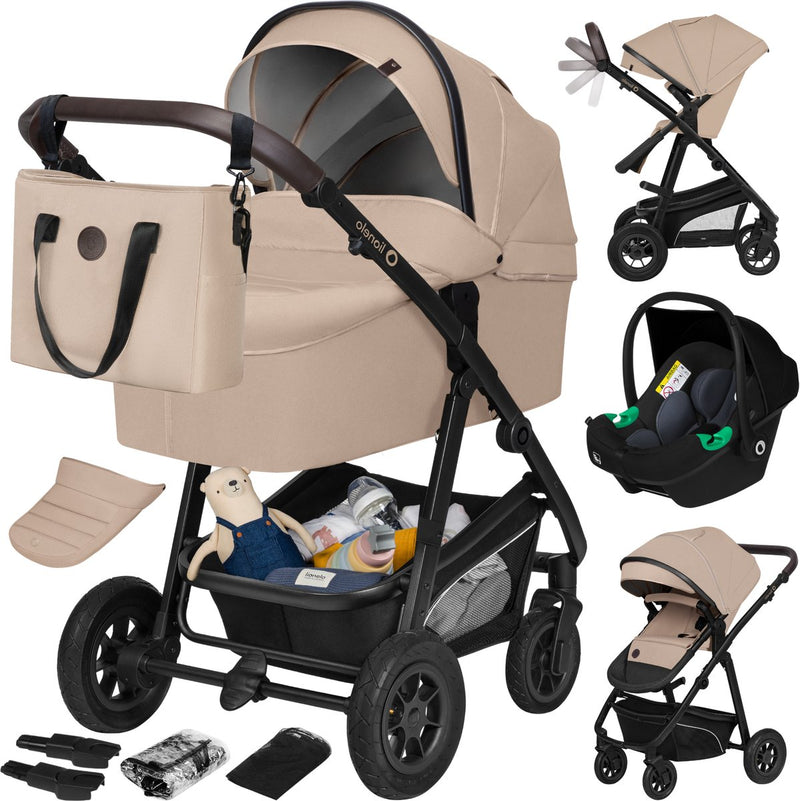 Lionelo bianka kinderwagen 3 in 1 - reiswieg + wandelwagen + autostoel - grote luchtbanden, volledige vering - inklapbaar - verstelbare duwstang - buggy omkeerbare zitting - 0-22kg - accessoireset - beige