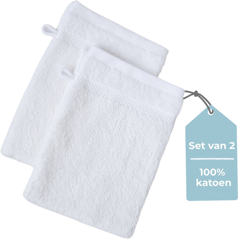 Hush. living hush living washand - set van 2 - 100% katoen - zware kwaliteit 500g m2 - stijlvol boord en ophanglus- 16x22cm - wit