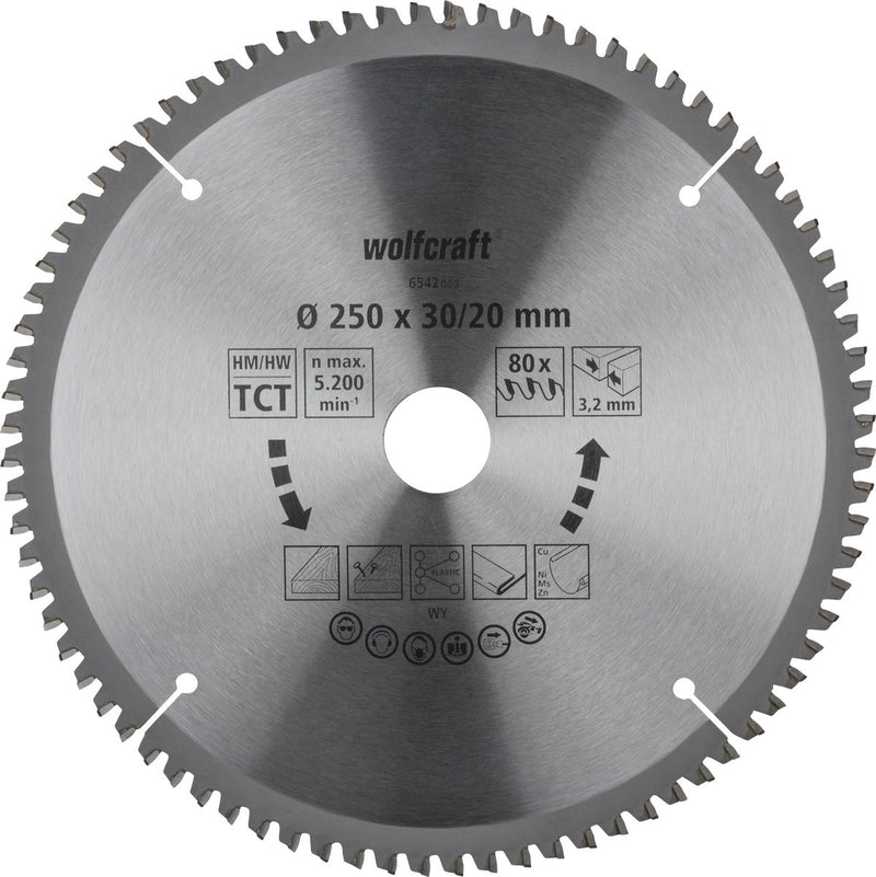 Wolfcraft - zaagblad 250 x 30 mm - 80 tanden - afkortzaag - kap- en verstekzaag - 6542000