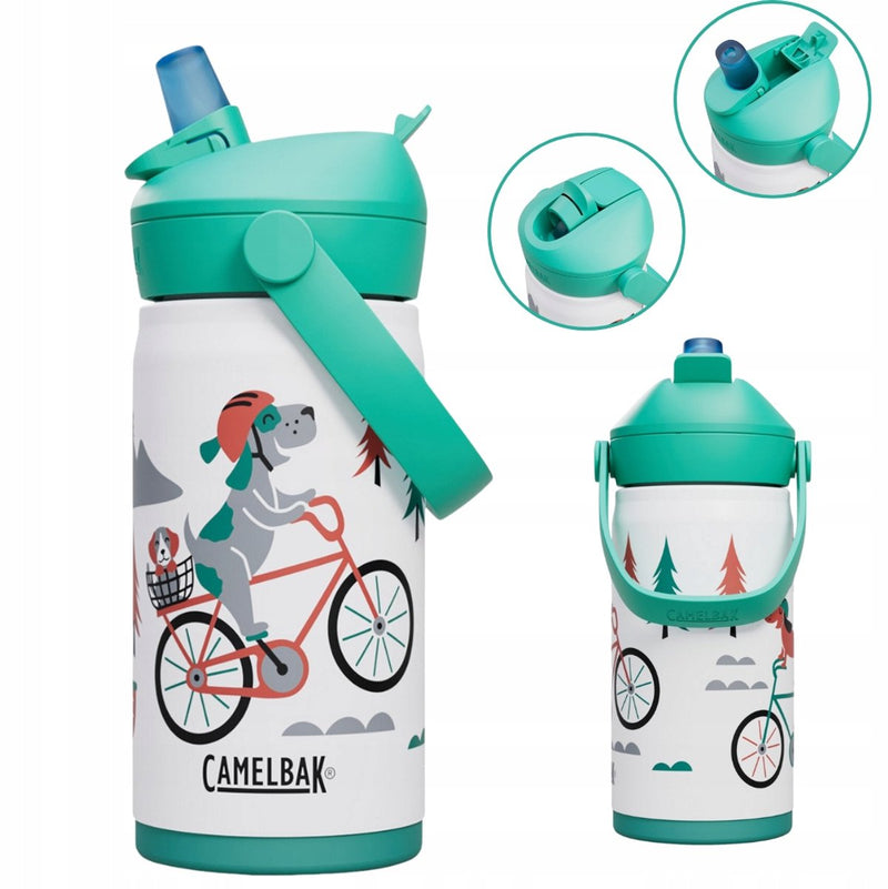 Camelbak thrive flip straw drinkfles kids - 350 ml - rvs - met rietje - isolatie waterfles - wit (biking dogs)