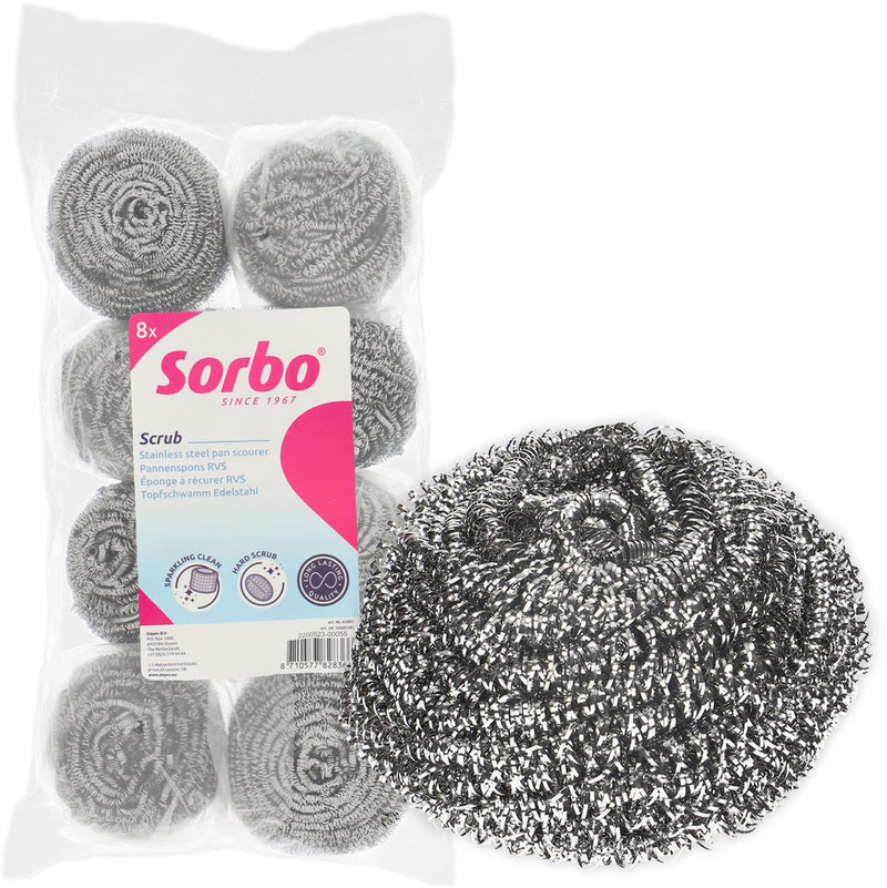 Sorbo – schuurspons metaal – set van 8 stuks – extra sterke rvs schuursponsjes 40 gram – verwijdert hardnekkig vuil van pannen, oven grill