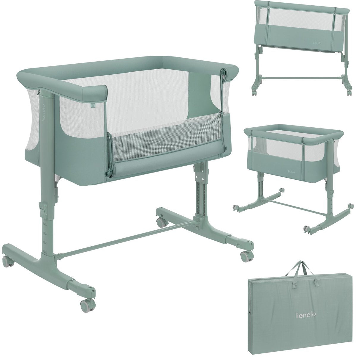 Lionelo aurora 3in1 co-sleeper - babybedje tot 9 kg - meegroeibed - 4 wielen met rem - campingbedje – verstelbare hoogte – ademend gaas – inclusief matras transporttas – afneembare bekleding