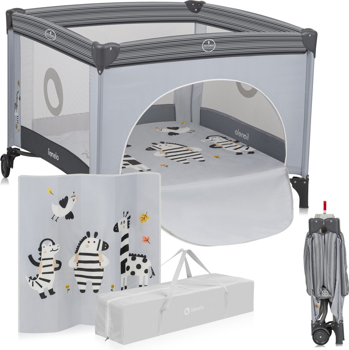 Lionelo bonnie babybox kinderbox 0-36 maanden – opvouwbare speelbox met t25 schuimmatras, zijdeur met ritssluiting, mesh zijkanten, wielen met rem en draagtas – tot 15 kg