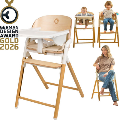 Lionelo celia 3-in-1 houten kinderstoel – van baby tot volwassene – verstelbare zitting voetsteun – 5-punts gordel – eco-leer bekleding – inclusief babyset eetblad – draagvermogen tot 110 kg