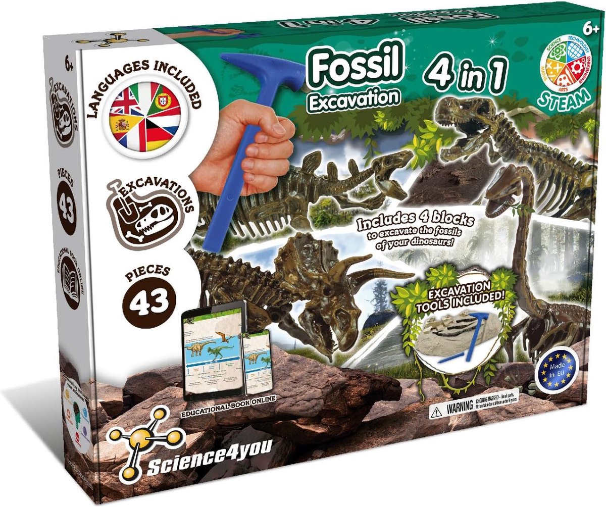 Science 4 you science4you fossil excavation 4-in-1 kit - dinosaurus fossielen opgraven - opgravingsset dino - met beitel hamer