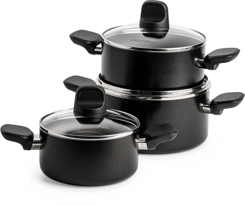 Greenpan memphis pannenset 6-delig - 16 18 20cm - 1.6 2.1 3.1l - pfas-vrije antikleeflaag - pannenset inductie - keramische pan - ovenbestendig tot 160°c - koudgrepen - met glazen deksel - zwart