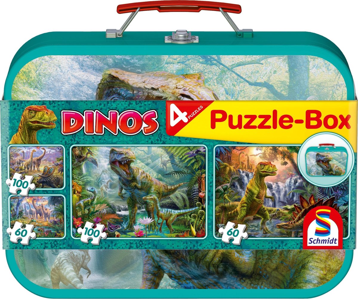 Schmidt - legpuzzel - dino's, puzzelbox, 2x60 2x100 stukjes in metalen koffer - kinderen - vanaf 6 jaar
